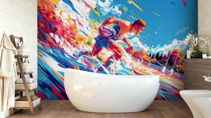 red and blue rugby wall mural called Rugby Sprint for teen's bedrooms and gyms