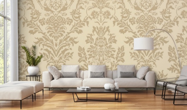 beige aanpasbaar patroonbehang genaamd Beige Damask voor slaapkamers, woonkamers en gangen