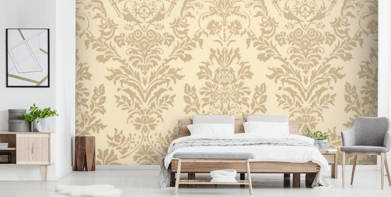beige anpassningsbart mönster tapet som heter Beige Damask för sovrum, vardagsrum och hallar