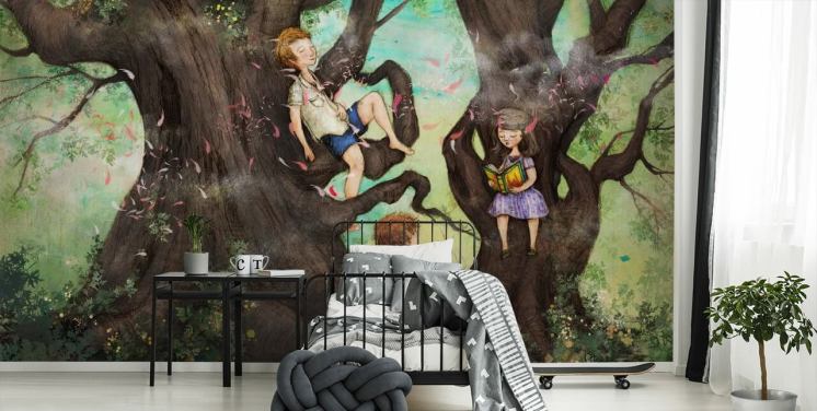 Barn Leser i en Fantasy Wood Bakgrunn