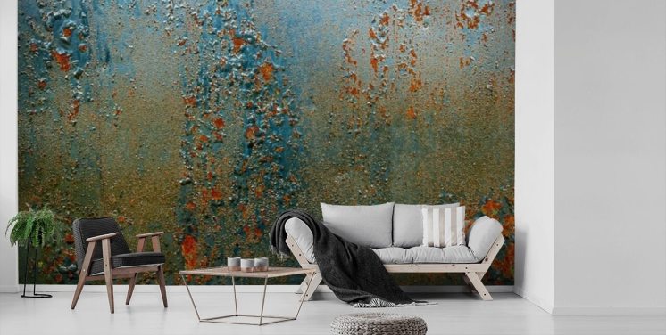 mural de papel de parede com efeito de ferrugem azul, marrom e laranja chamado Patina para cozinhas, banheiros e salas de estar