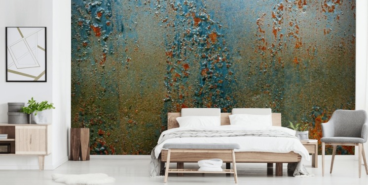 blauwe, bruine en oranje behangmuurschildering met roesteffect genaamd Patina voor keukens, badkamers en woonkamers