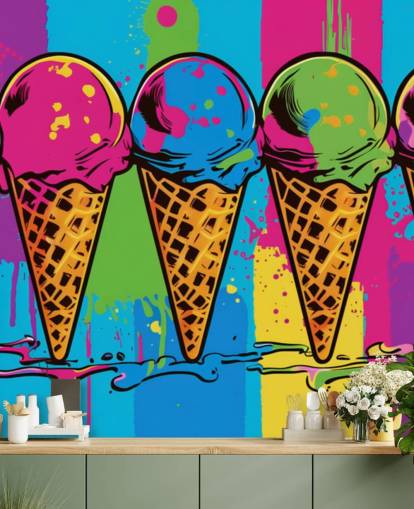 papel de parede colorido de sorvete de néon chamado Pop Art Ice Cream Cones para cafés, restaurantes e quartos infantis papel de parede colorido de sorvete de néon chamado Pop Art Ice Cream Cones para cafés, restaurantes e quartos infantis