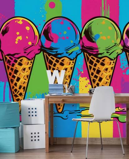 kleurrijk neonijsbehang genaamd Pop Art Ice Cream Cones voor cafés, restaurants en kinderkamers kleurrijk neonijsbehang genaamd Pop Art Ice Cream Cones voor cafés, restaurants en kinderkamers