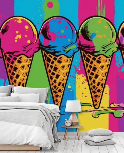 colourful neon ice cream wallpaper called Pop Art Ice Cream Cones for cafes, restaurants and children's bedrooms colourful neon ice cream wallpaper called Pop Art Ice Cream Cones for cafes, restaurants and children's bedrooms