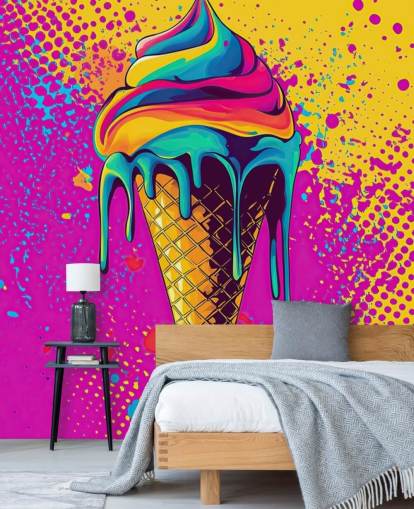 mural brillante de papel pintado de comida pop art llamado Neon Ice Cream para restaurantes, cafeterías y dormitorios de niños mural brillante de papel pintado de comida pop art llamado Neon Ice Cream para restaurantes, cafeterías y dormitorios de niños