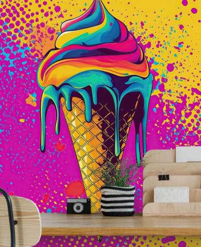 brillante carta da parati pop art a tema alimentare chiamato Neon Ice Cream per ristoranti, caffetterie e camerette per bambini brillante carta da parati pop art a tema alimentare chiamato Neon Ice Cream per ristoranti, caffetterie e camerette per bambini