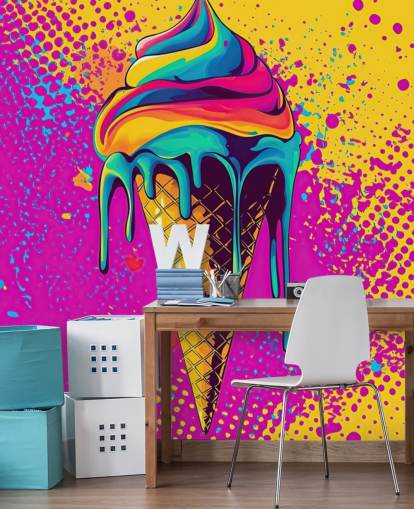 heldere pop-art food behangmuurschildering genaamd Neon Ice Cream voor restaurants, cafés en kinderkamers heldere pop-art food behangmuurschildering genaamd Neon Ice Cream voor restaurants, cafés en kinderkamers