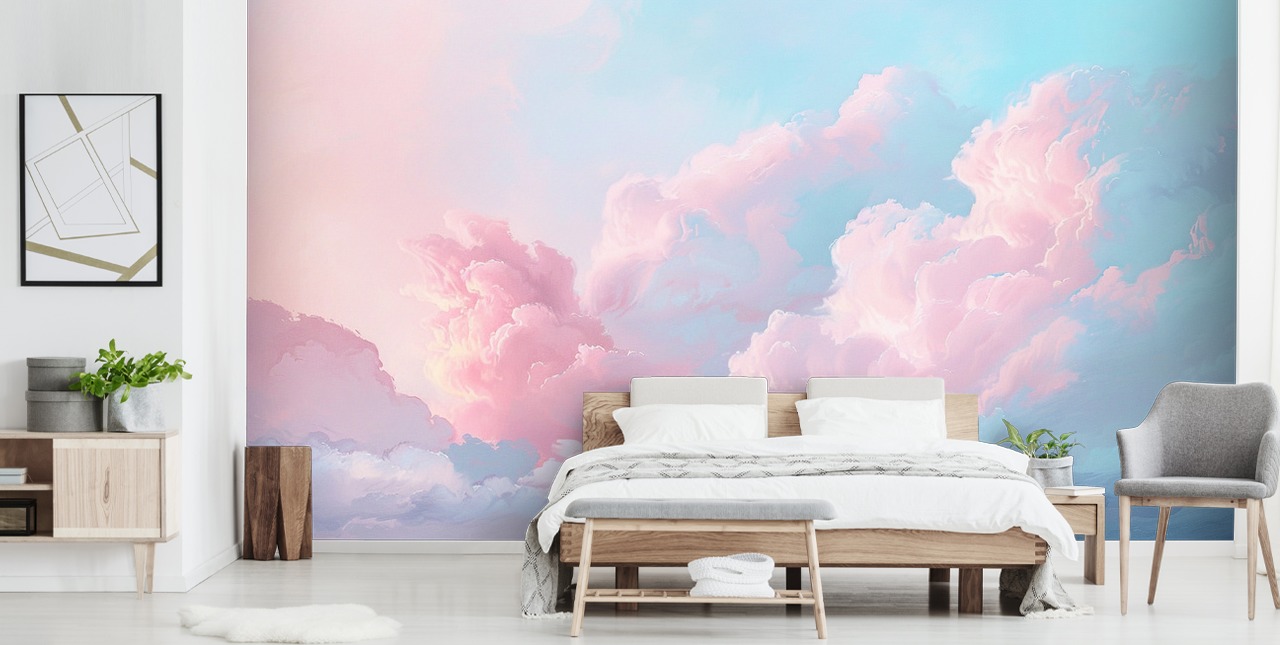 rosafarbenes Wolkentapetenwandbild mit dem Titel Abstract Pastel Clouds für Schlafzimmer, Wohnzimmer und Badezimmer