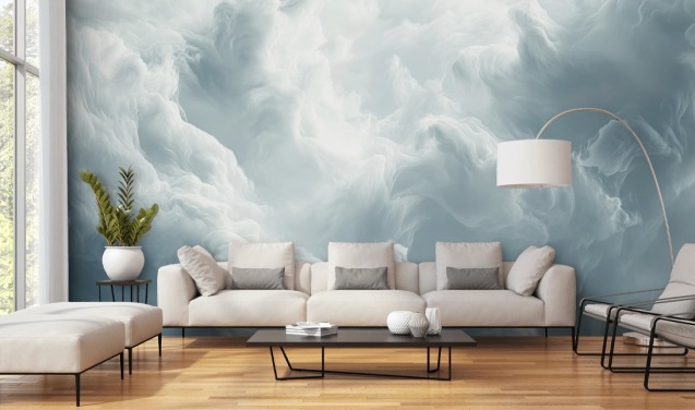 weiße Wolkentapete mit dem Titel Abstract Gentle Clouds für Schlafzimmer, Badezimmer und Wohnzimmer