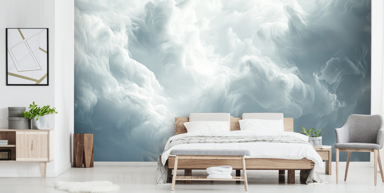 carta da parati murale con nuvole bianche chiamata Abstract Gentle Clouds per camere da letto, bagni e salotti