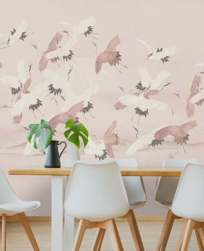 beige kran tapetmaleri kaldet Flying Vintage Flying Cranes af Bloomery Decor til soveværelser, stuer og gange beige kran tapetmaleri kaldet Flying Vintage Flying Cranes af Bloomery Decor til soveværelser, stuer og gange