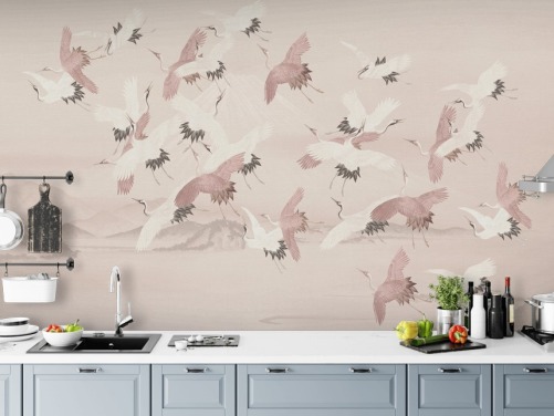 beige kran tapet veggmaleri kalt Flying Vintage Flying Cranes av Bloomery Decor for soverom, stuer og ganger
