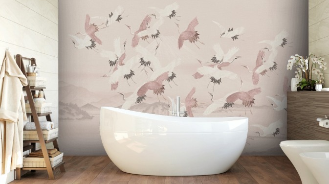 beige kran tapetmaleri kaldet Flying Vintage Flying Cranes af Bloomery Decor til soveværelser, stuer og gange