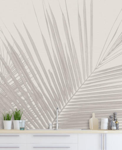 monochrome jungle muurschildering genaamd Monochrome Tropical Palm Leaves voor slaapkamers, eetkamers en badkamers monochrome jungle muurschildering genaamd Monochrome Tropical Palm Leaves voor slaapkamers, eetkamers en badkamers