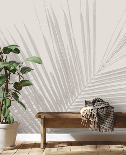 monokrom jungle vægmaleri kaldet Monochrome Tropical Palm Leaves til soveværelser, spisestuer og badeværelser monokrom jungle vægmaleri kaldet Monochrome Tropical Palm Leaves til soveværelser, spisestuer og badeværelser