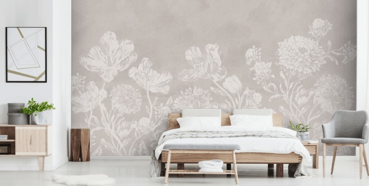 beige blomstertapet vægmaleri kaldet Beige Moody Florals af Bloomery Decor til soveværelser, stuer og spisestuer