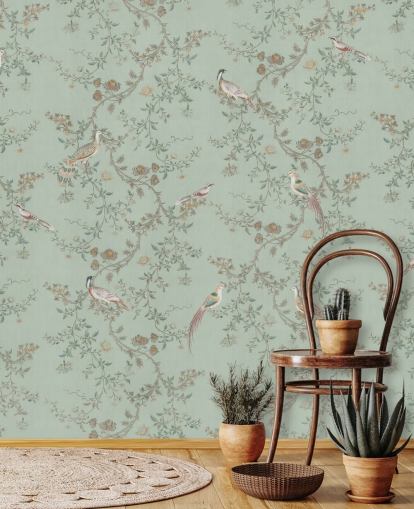 blågrøn chinoiserie tapetmaleri kaldet Vintage Teal Chinoiserie af Bloomery Decor til soveværelser og stuer blågrøn chinoiserie tapetmaleri kaldet Vintage Teal Chinoiserie af Bloomery Decor til soveværelser og stuer
