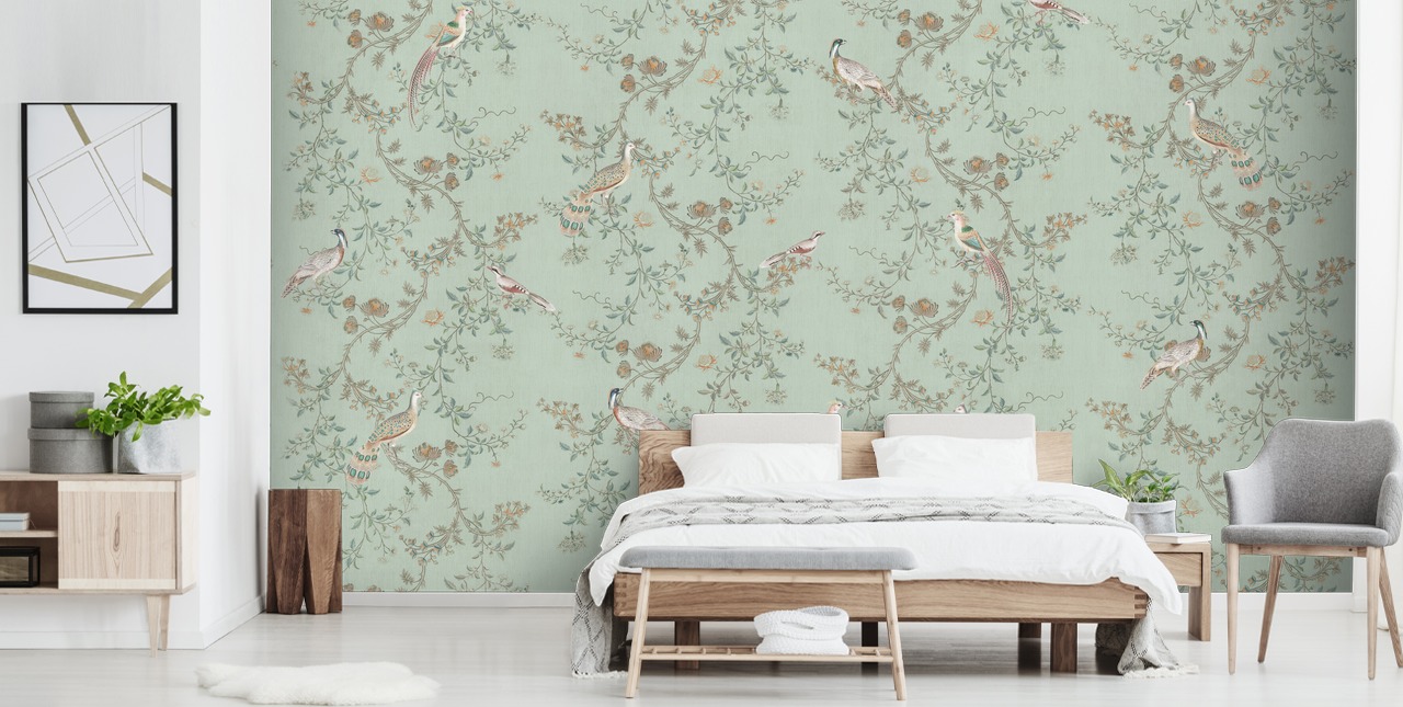 Bloomery Decorin sinivihreä chinoiserie -taustakuvamaalaus nimeltä Vintage Teal Chinoiserie makuuhuoneisiin ja olohuoneisiin Bloomery Decorin sinivihreä chinoiserie -taustakuvamaalaus nimeltä Vintage Teal Chinoiserie makuuhuoneisiin ja olohuoneisiin