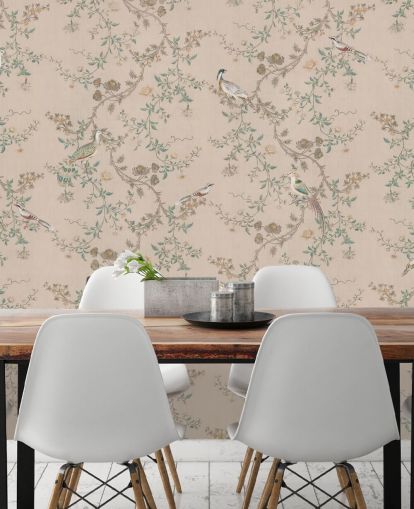 pinke Chinoiserie-Tapete namens Vintage Blush Chinoiserie von Bloomery Decor für Schlafzimmer und Esszimmer pinke Chinoiserie-Tapete namens Vintage Blush Chinoiserie von Bloomery Decor für Schlafzimmer und Esszimmer