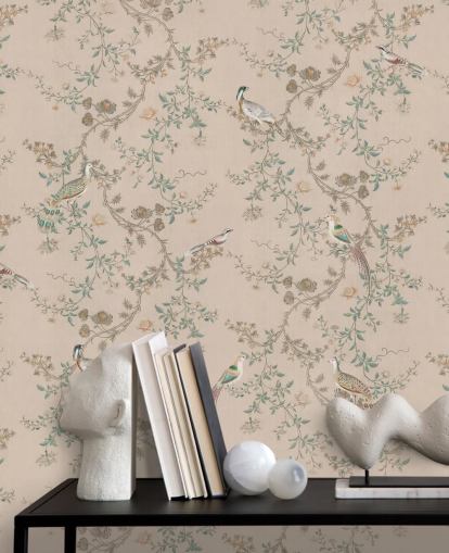 vaaleanpunainen chinoiserie-taustakuvamaalaus nimeltä Vintage Blush Chinoiserie by Bloomery Decor makuuhuoneisiin ja ruokasaleihin vaaleanpunainen chinoiserie-taustakuvamaalaus nimeltä Vintage Blush Chinoiserie by Bloomery Decor makuuhuoneisiin ja ruokasaleihin