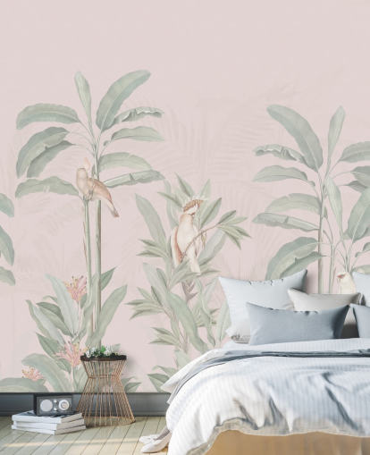 vaaleanpunainen viidakon taustakuvamaalaus nimeltä Vintage Blush Tropical Jungle by Bloomery Decor makuuhuoneisiin ja olohuoneisiin vaaleanpunainen viidakon taustakuvamaalaus nimeltä Vintage Blush Tropical Jungle by Bloomery Decor makuuhuoneisiin ja olohuoneisiin