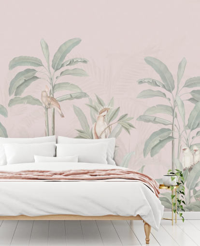 rosafarbenes Dschungel-Tapeten-Wandbild namens Vintage Blush Tropical Jungle von Bloomery Decor für Schlafzimmer und Wohnzimmer rosafarbenes Dschungel-Tapeten-Wandbild namens Vintage Blush Tropical Jungle von Bloomery Decor für Schlafzimmer und Wohnzimmer