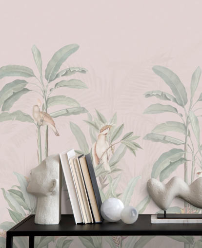 vaaleanpunainen viidakon taustakuvamaalaus nimeltä Vintage Blush Tropical Jungle by Bloomery Decor makuuhuoneisiin ja olohuoneisiin vaaleanpunainen viidakon taustakuvamaalaus nimeltä Vintage Blush Tropical Jungle by Bloomery Decor makuuhuoneisiin ja olohuoneisiin