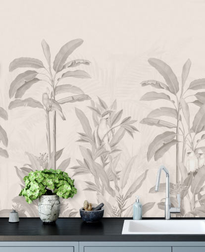 sepia jungle wall mural called Vintage Tropical Jungle by Bloomery Decor for hallways, bathrooms and dining rooms sepia jungle wall mural called Vintage Tropical Jungle by Bloomery Decor for hallways, bathrooms and dining rooms