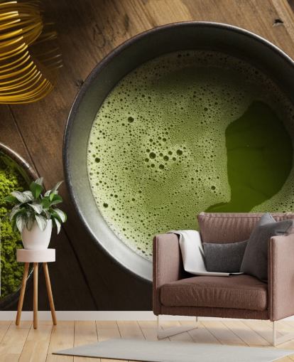 Green Matcha Tea in a Bowl, Matcha Powder and Whisk Wallpaper Green Matcha Tea in a Bowl, Matcha Powder and Whisk Wallpaper