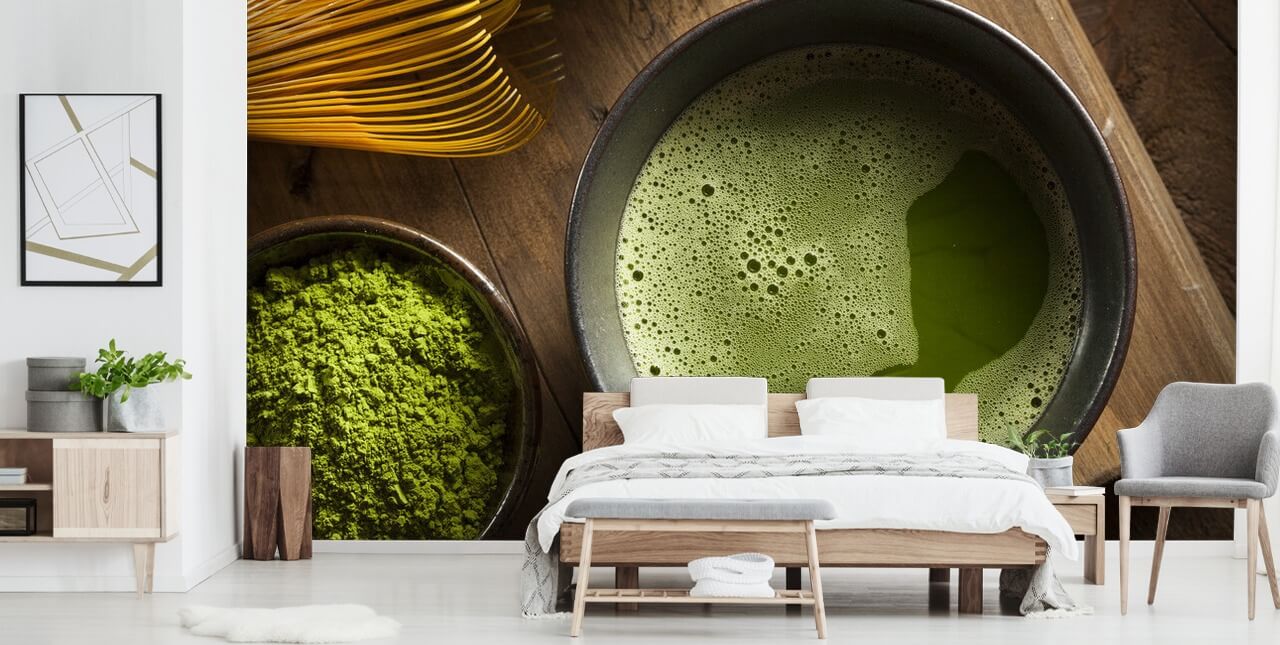 Grønn Matcha te i en bolle, Matcha pulver og visp tapet