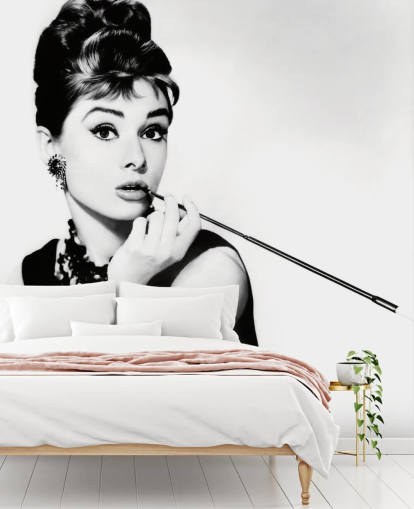 black and white audrey hepburn wallpaper mural called Audrey Hepburn (Breakfast at Tiffany's) II for bedrooms, kitchens and offices black and white audrey hepburn wallpaper mural called Audrey Hepburn (Breakfast at Tiffany's) II for bedrooms, kitchens and offices