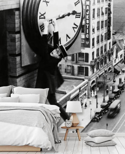 svartvit stumfilm tapetväggmålning som heter Harold Lloyd (Safety Last!) för sovrum, kontor och företag svartvit stumfilm tapetväggmålning som heter Harold Lloyd (Safety Last!) för sovrum, kontor och företag