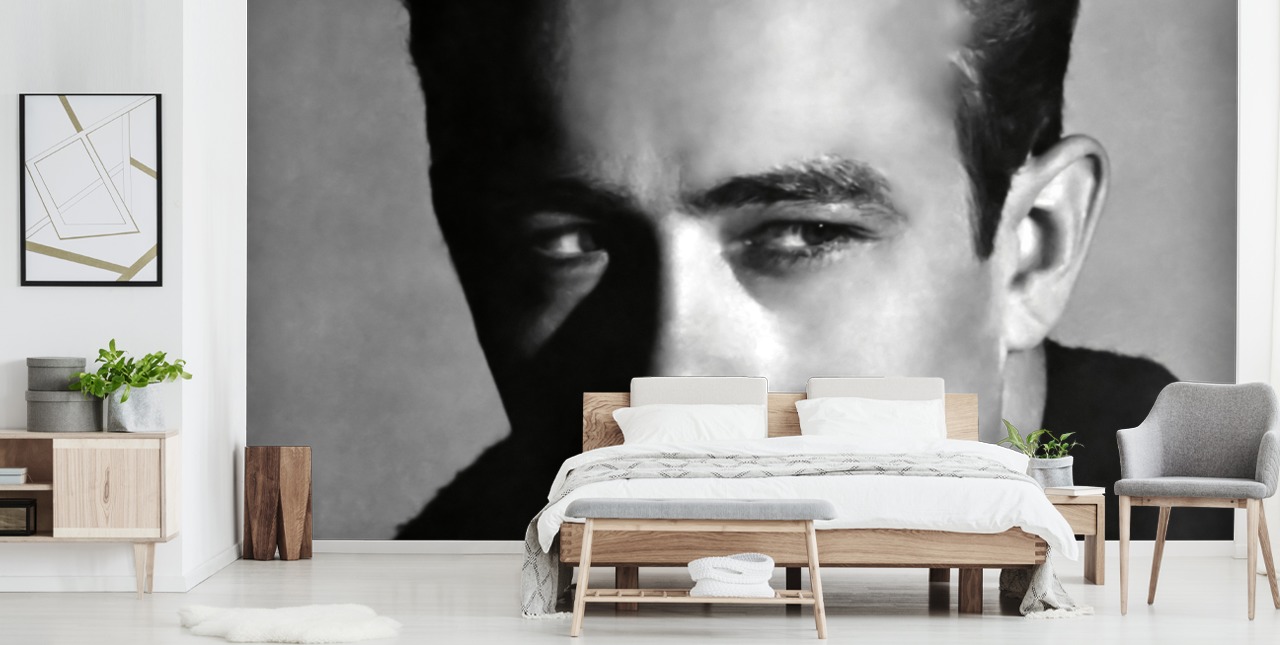 mustavalkoinen elokuvatapetti seinämaalaus nimeltä James Dean makuuhuoneisiin ja olohuoneisiin