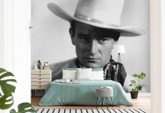 mustavalkoinen elokuvatapetti nimeltä John Wayne makuuhuoneisiin, kotitoimistoihin ja olohuoneisiin