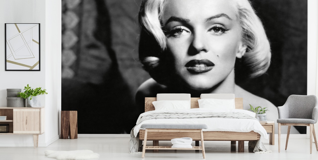 black and white classic movie wallpaper mural called Marilyn Monroe II for bedrooms and living rooms