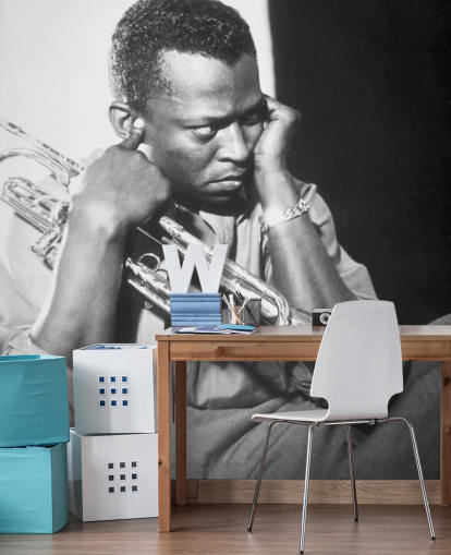 black and white jazz musician wallpaper mural called Miles Davis for clubs, venues and schools black and white jazz musician wallpaper mural called Miles Davis for clubs, venues and schools