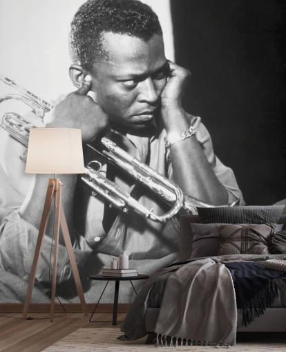 black and white jazz musician wallpaper mural called Miles Davis for clubs, venues and schools black and white jazz musician wallpaper mural called Miles Davis for clubs, venues and schools