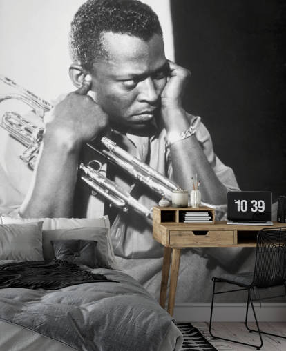 black and white jazz musician wallpaper mural called Miles Davis for clubs, venues and schools black and white jazz musician wallpaper mural called Miles Davis for clubs, venues and schools