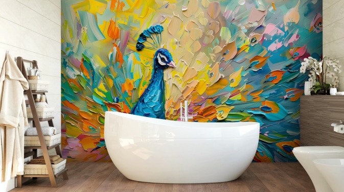 colourful painted peacock wallpaper called Oil Painting Peacock for bedrooms and living rooms