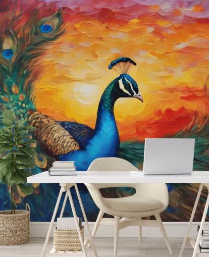 colourful peacock wallpaper mural called Painted Peacock Sunset for bedrooms, living rooms and offices colourful peacock wallpaper mural called Painted Peacock Sunset for bedrooms, living rooms and offices