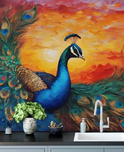 colorful peacock wallpaper mural called Painted Peacock Sunset for bedrooms, living rooms and offices colorful peacock wallpaper mural called Painted Peacock Sunset for bedrooms, living rooms and offices