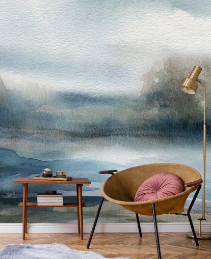 blå og hvid abstrakt himmeltapet vægmaleri kaldet Break in the Storm af Carol Robinson blå og hvid abstrakt himmeltapet vægmaleri kaldet Break in the Storm af Carol Robinson