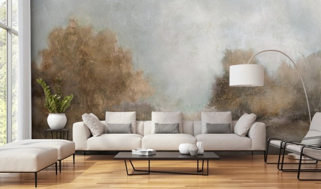 ljusbrun abstrakt tapetväggmålning kallad Creekside Stillness av Carol Robinson