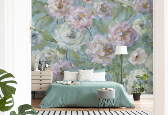 Gartentapete Delicate Rose Garden von Carol Robinson in Rosa, Weiß und Grün für Wohn- und Schlafzimmer