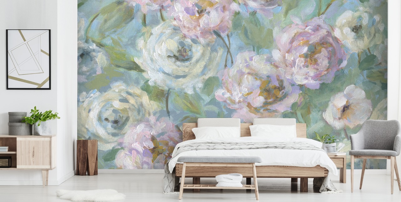 carta da parati murale da giardino rosa, bianca e verde chiamata Delicate Rose Garden di Carol Robinson per salotti e camere da letto carta da parati murale da giardino rosa, bianca e verde chiamata Delicate Rose Garden di Carol Robinson per salotti e camere da letto