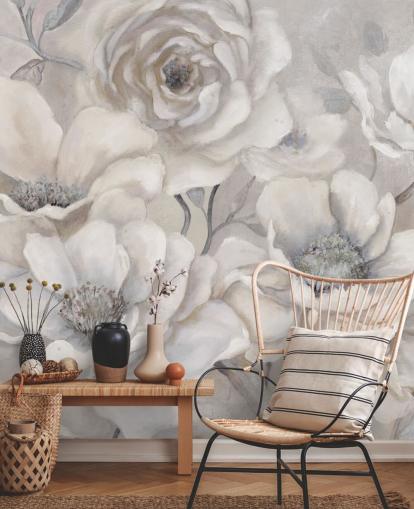 white floral wallpaper mural called Full Pewter Blooms by Carol Robinson for bedrooms and living rooms white floral wallpaper mural called Full Pewter Blooms by Carol Robinson for bedrooms and living rooms