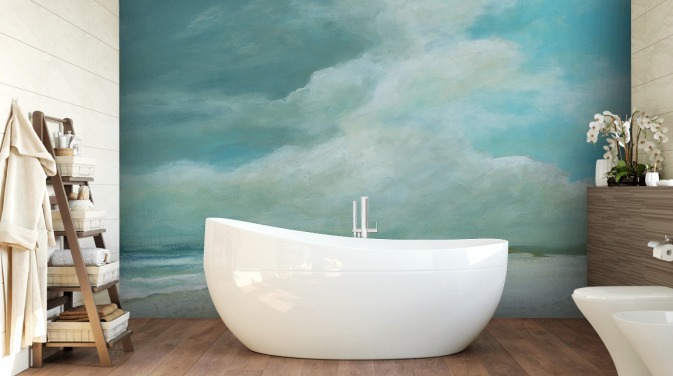 blue seascape wallpaper mural called Kissing the Ocean by Carol Robinson for bedrooms and living rooms