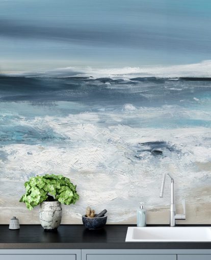 mural abstracto azul de playa llamado Long Peaceful Beach de Carol Robinson para dormitorios y baños mural abstracto azul de playa llamado Long Peaceful Beach de Carol Robinson para dormitorios y baños