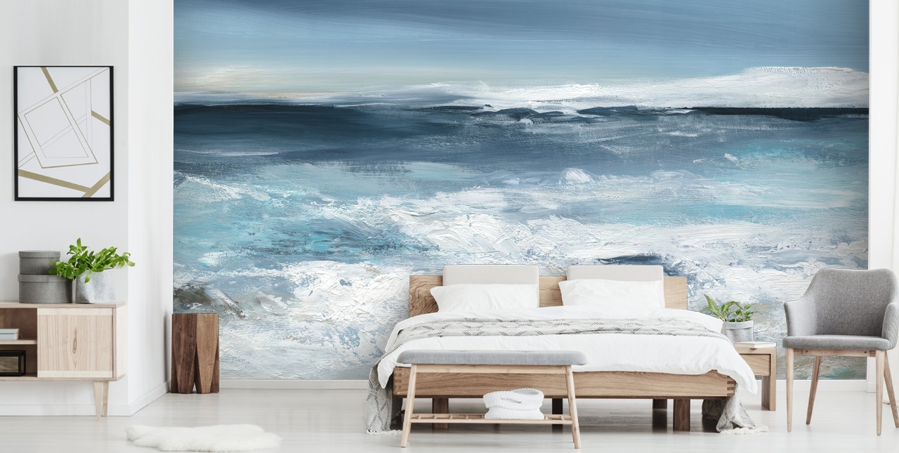 blauwe abstracte strandbehangmuurschildering genaamd Long Peaceful Beach van Carol Robinson voor slaapkamers en badkamers